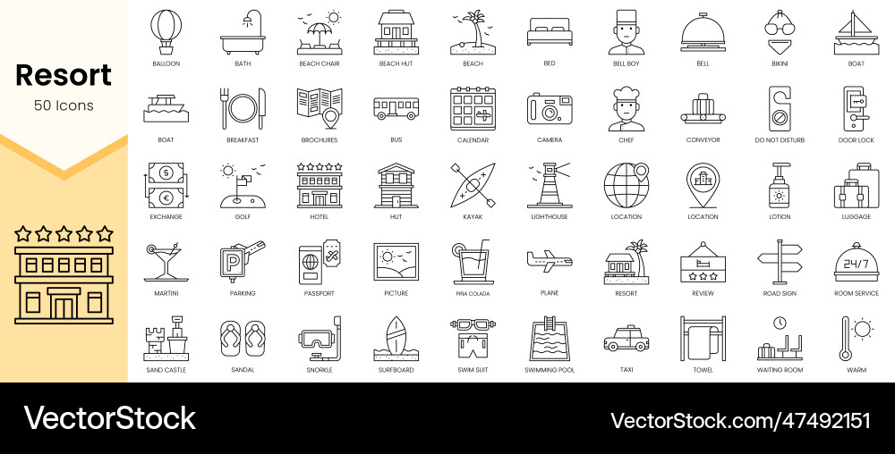 Simple outline set of resort icons linear style Simple outline set of resort icons linear style Vector Image