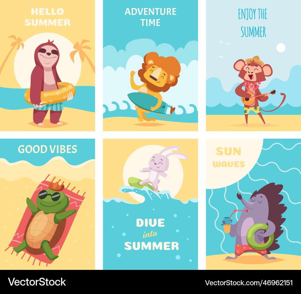 Summer animals cards cute wild cartoon vector image