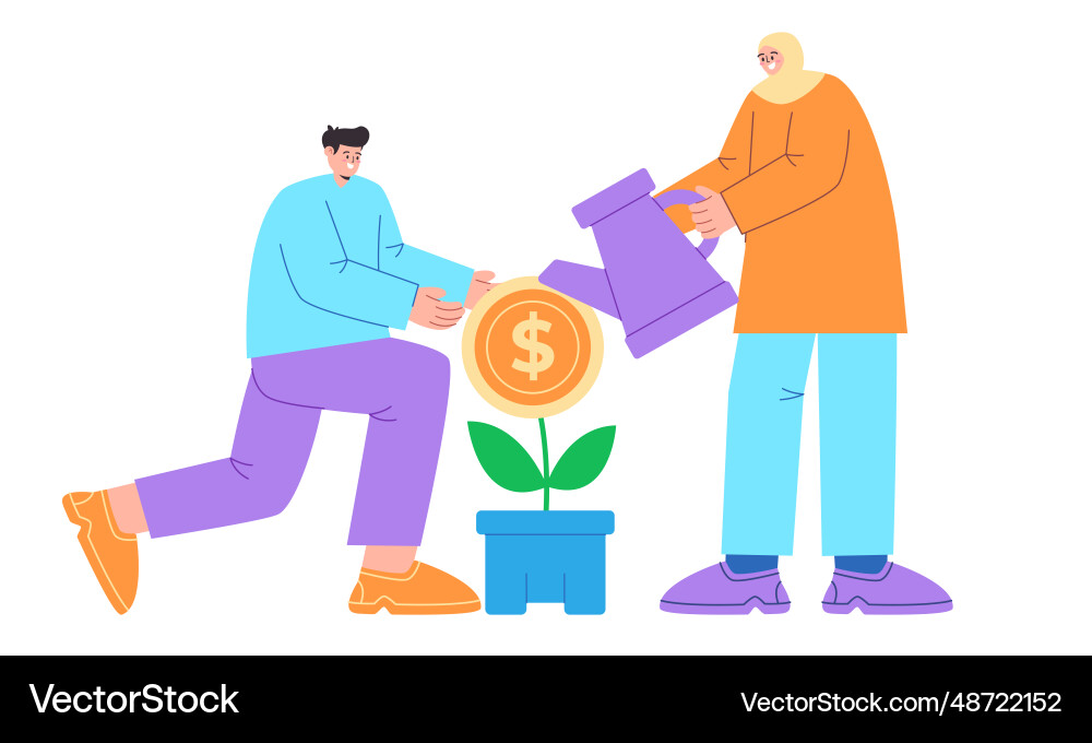 Couple watering plant grow money coin concept Couple watering plant grow money coin concept vector image