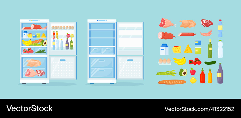 Empty and opened refrigerator with different Empty and opened refrigerator with different vector image