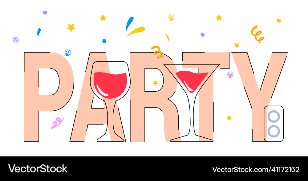 Lettering Party mit zwei Gläsern Rotwein glücklich Lettering Party mit zwei Gläsern Rotwein glücklich vektorbild
