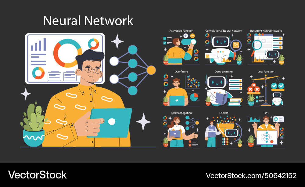 Neural Network Concepts - Dark Mode vector image