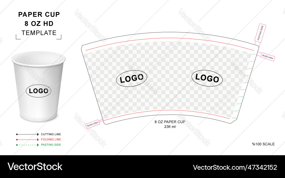 Paper Cup Die Cut Template - 8oz Hot Drink Mockup Vector Image