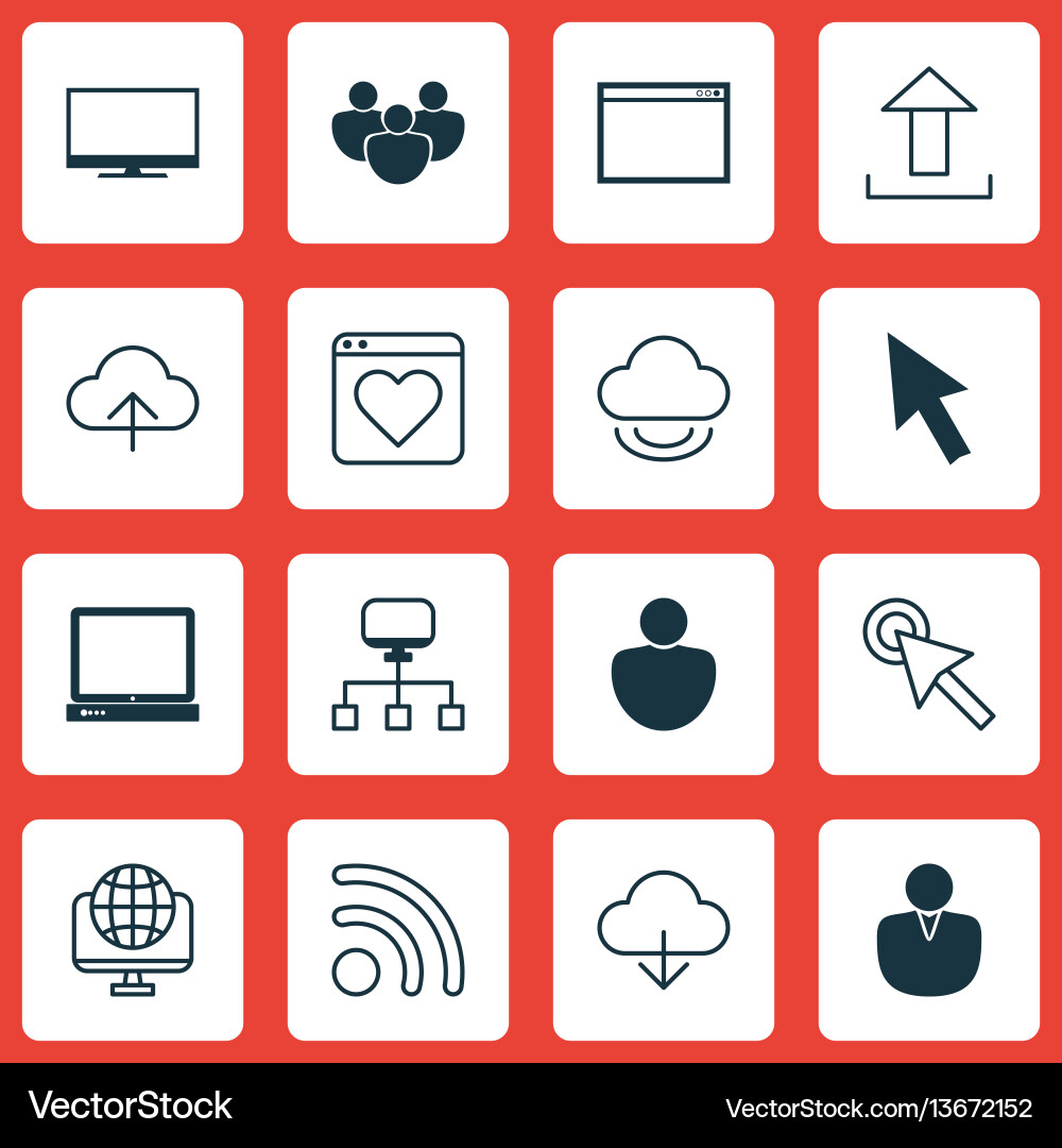 Set of 16 internet icons includes display mouse Set of 16 internet icons includes display mouse vector image