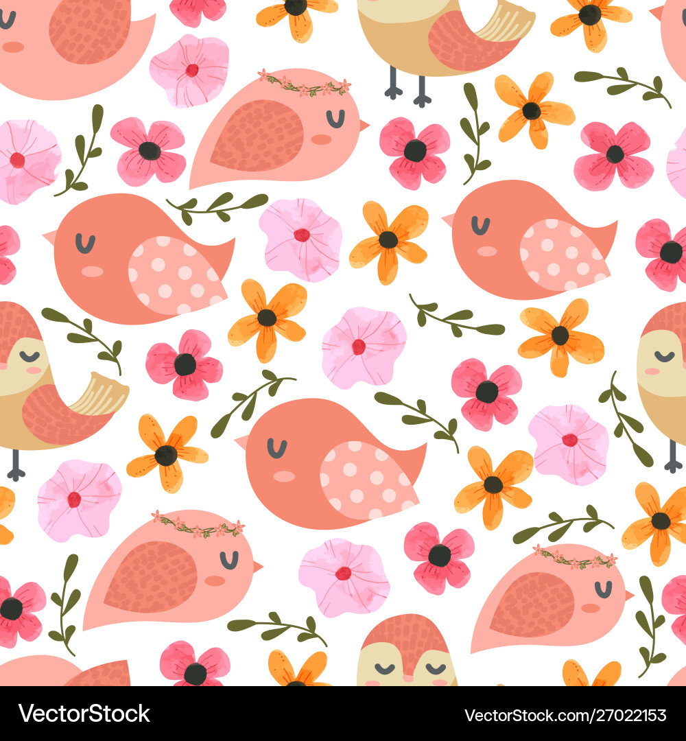 Birds and flower cartoon seamless pattern vector image