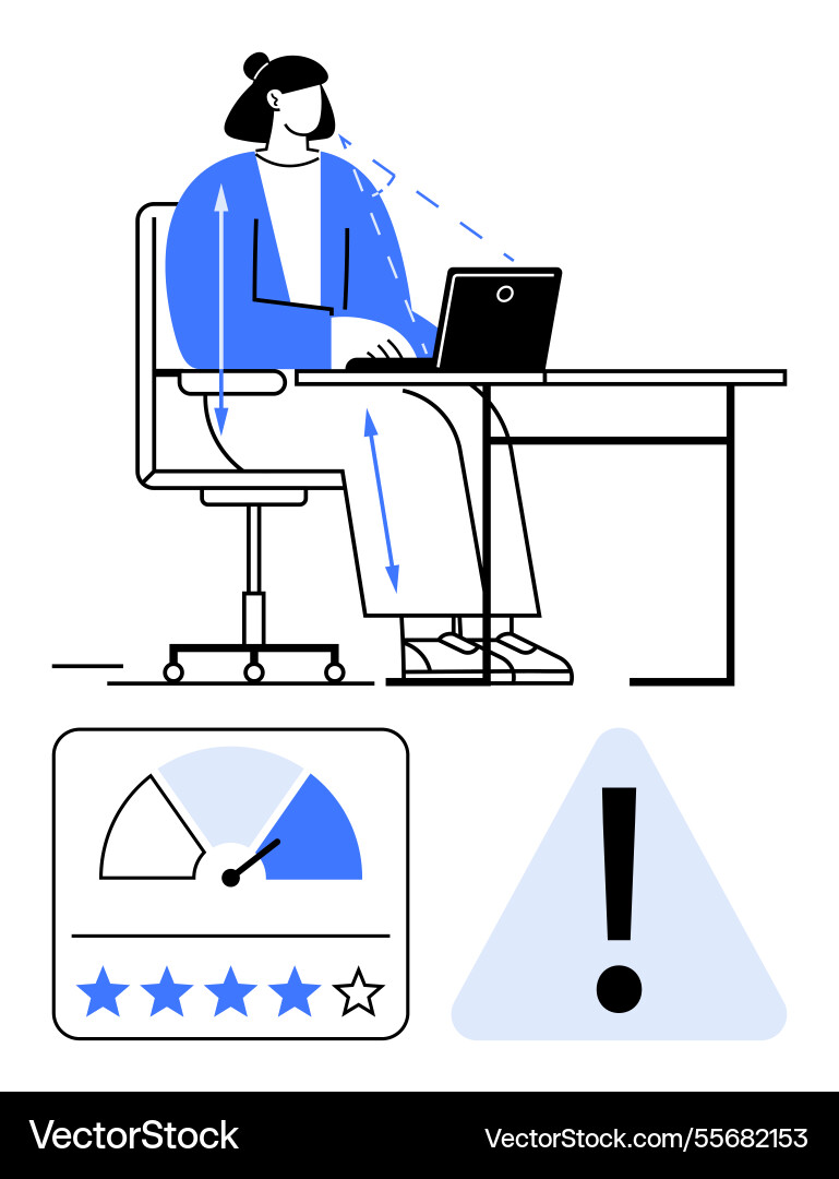 Ergonomic workspace setup with laptop and user Ergonomic workspace setup with laptop and user vector image