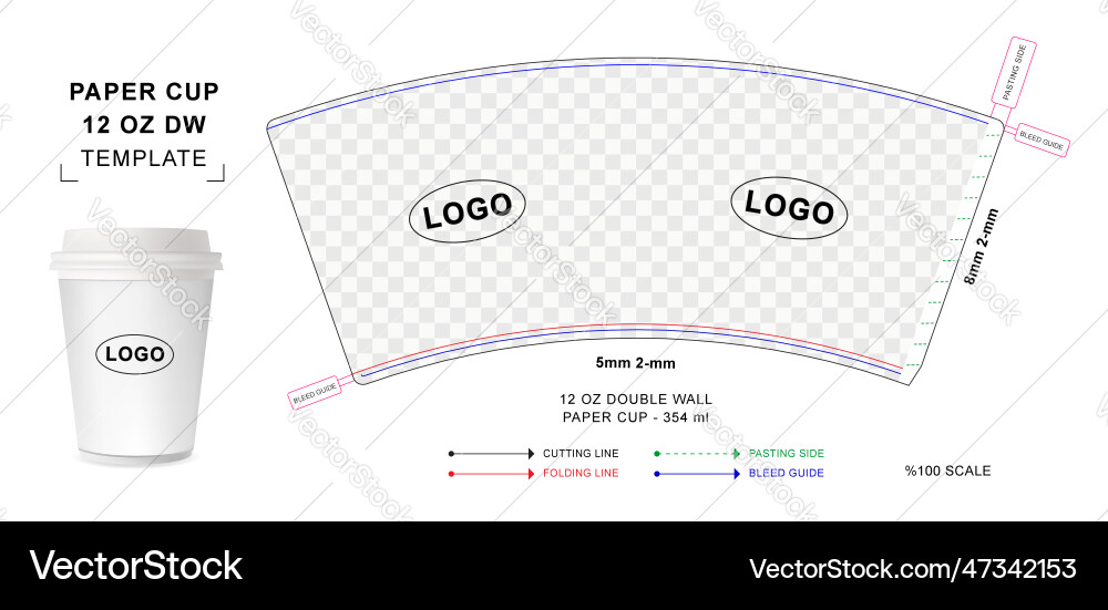 Paper cup die cut template for 12 oz double wall Vector Image