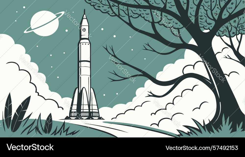 Rocket by lone tree rustic launch site design vector image