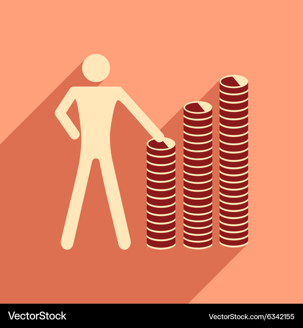 Flat with shadow icon man and stack of coins vector image