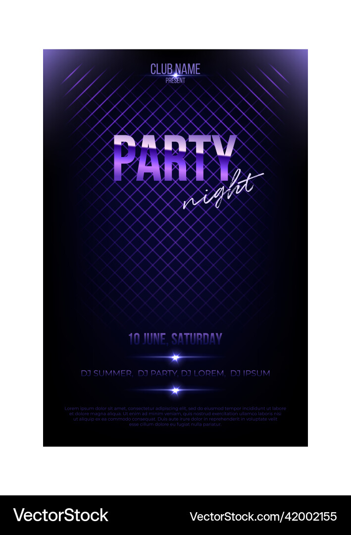 Night party flyer template violet metal words Night party flyer template violet metal words vector image