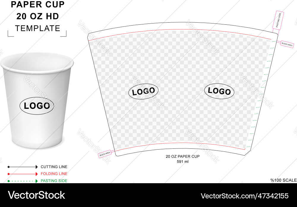 Paper cup die cut template for 20 oz hd hot drink Vector Image
