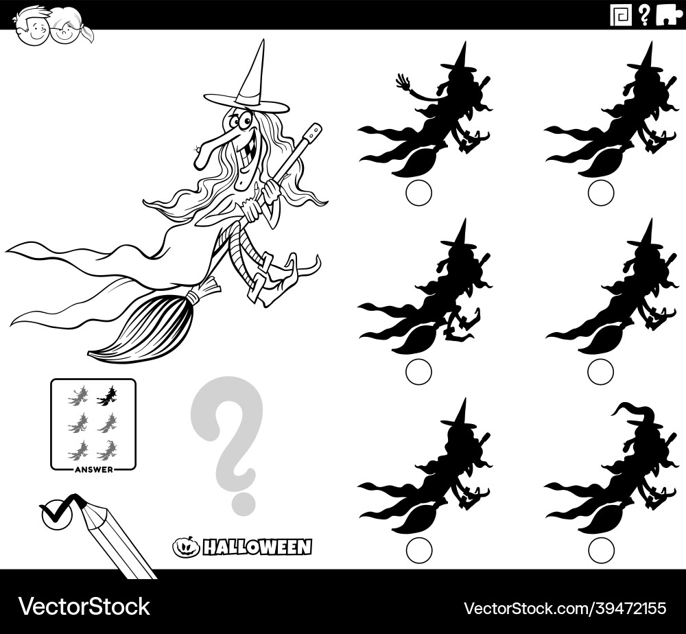 Shadows game with cartoon witch coloring book page Shadows game with cartoon witch coloring book page vector image