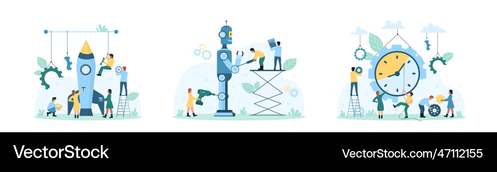 Tech startup set tiny people building rocket Tech startup set tiny people building rocket vector image