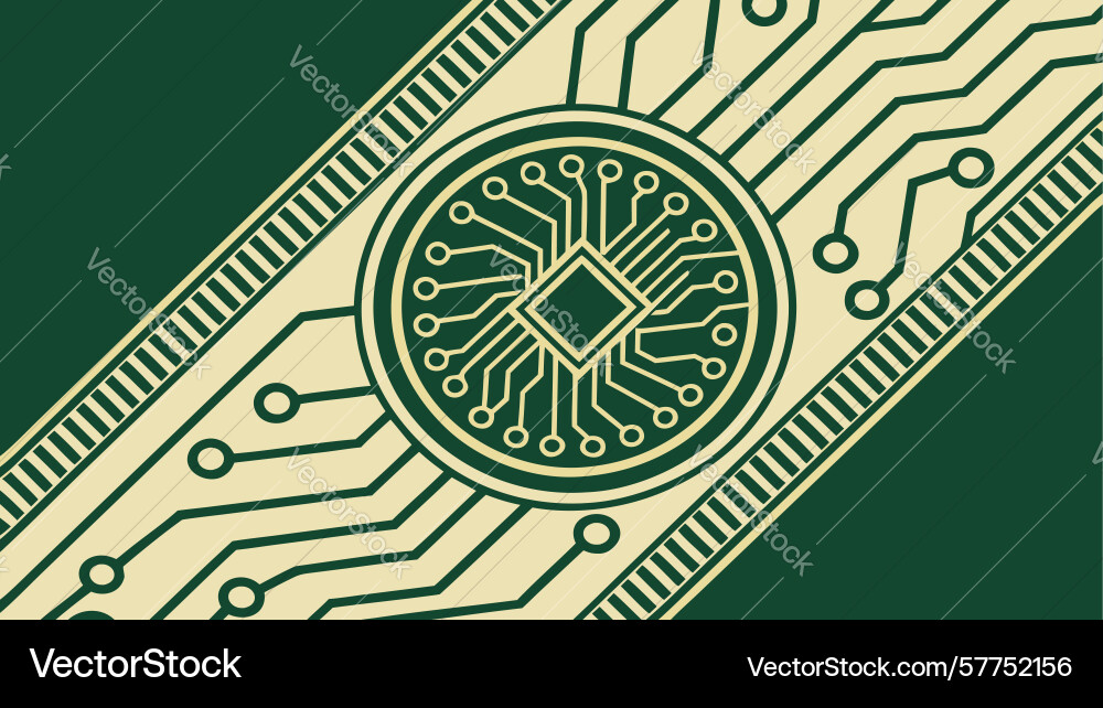 Circular microchip design on a dark green circuit vector image