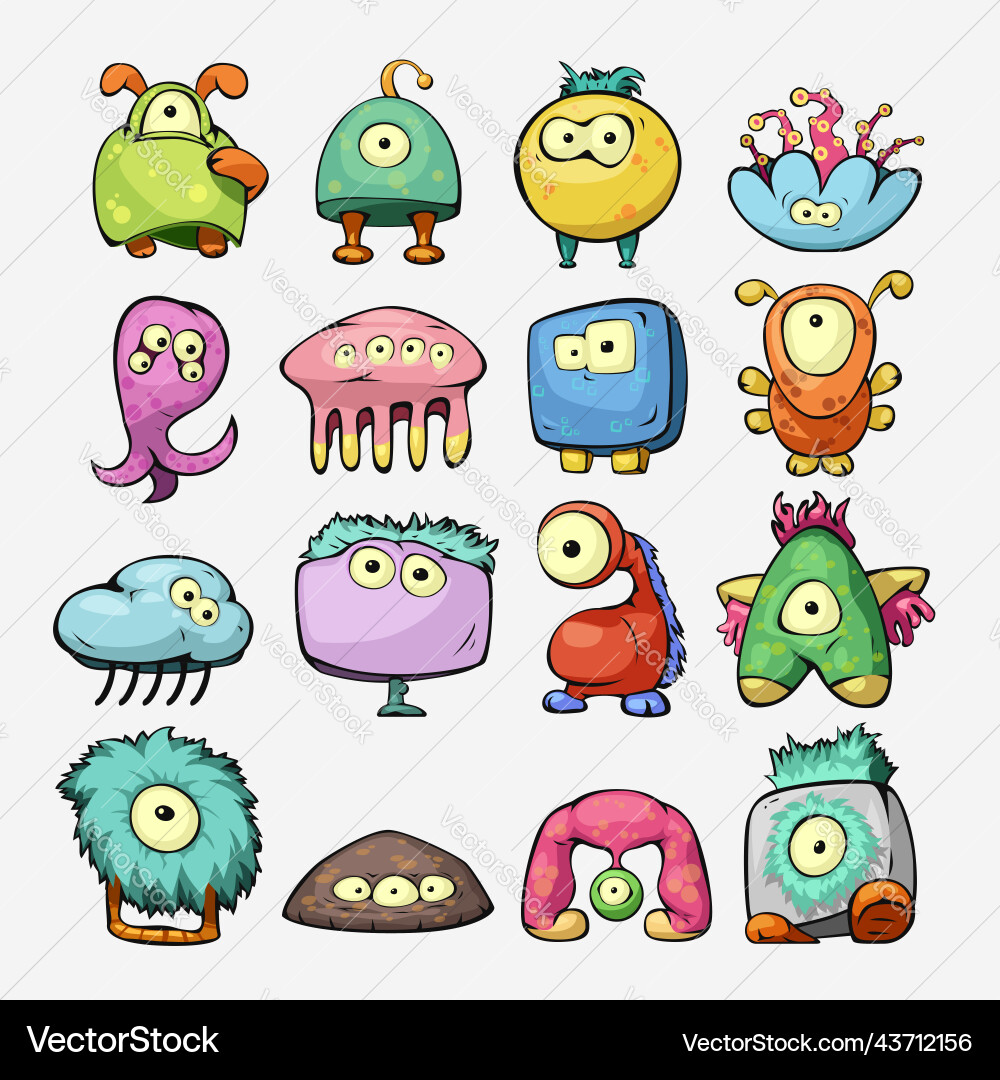 Cute various monsters in set on white vector image