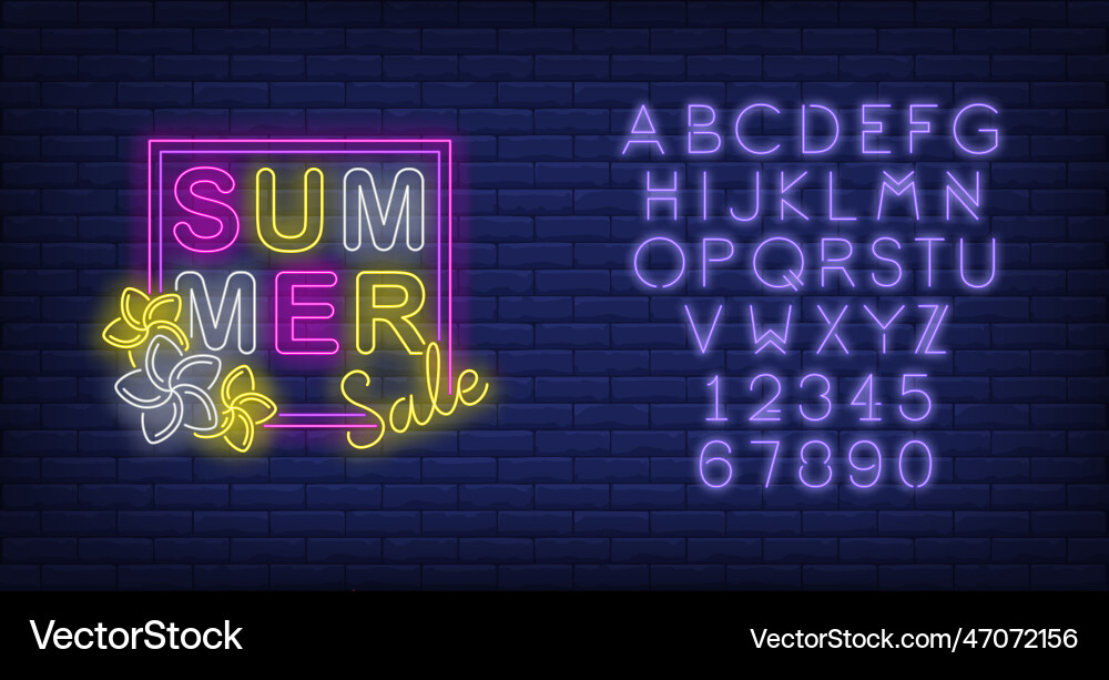 Sommer Verkauf Neon Text in Rahmen mit Blumen Sommer Verkauf Neon Text in Rahmen mit Blumen vektorbild