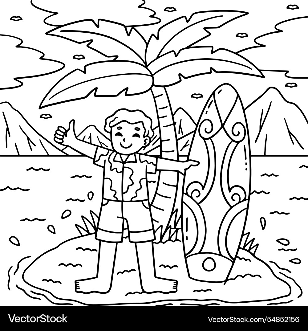 Surfing boy surfboard and palm tree coloring page Vector Image