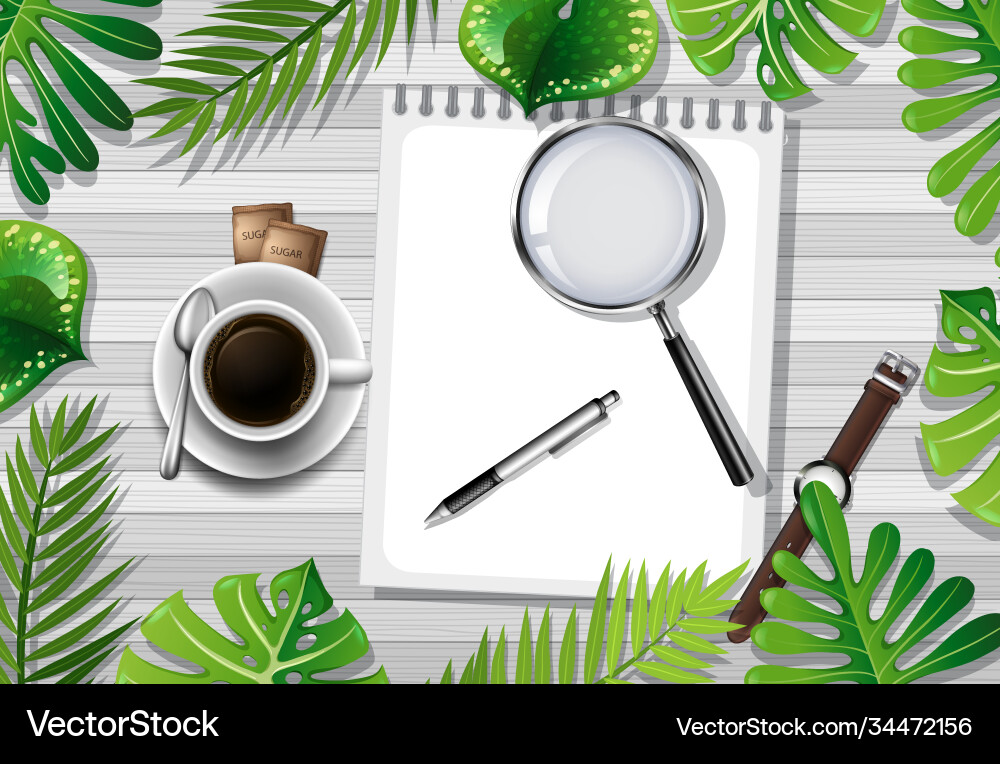 Top view wooden table with office objects Top view wooden table with office objects vector image