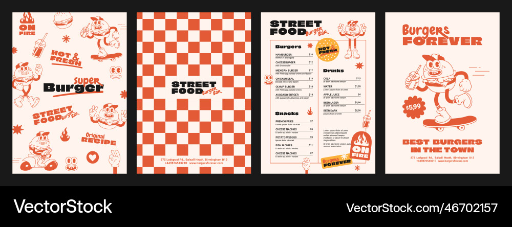 Burger retro cartoon fast food posters and cards Burger retro cartoon fast food posters and cards Vector Image