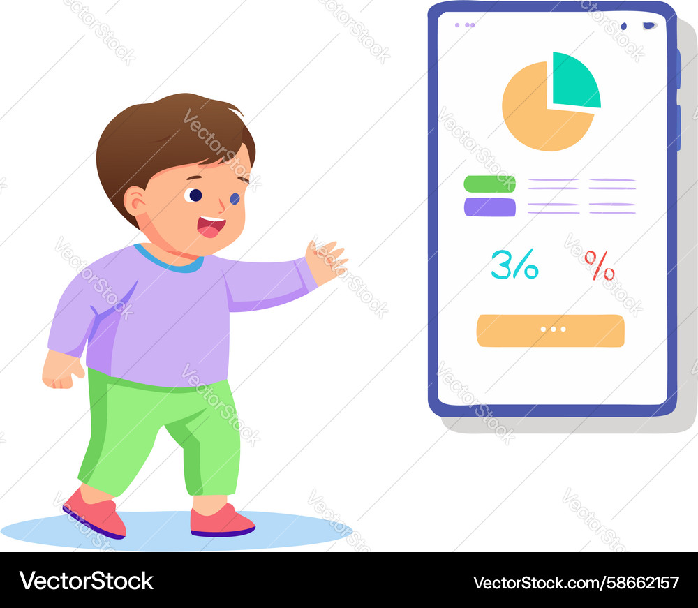 Child pointing at mobile learning app interface Vector Image