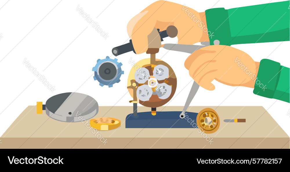 Hands working on mechanical device symbolizing Vector Image