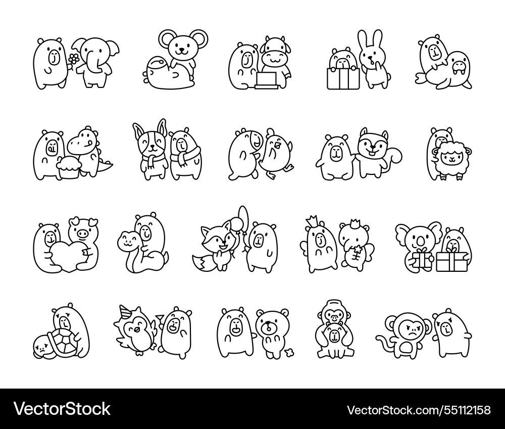 Friendly set with capybara featuring various Friendly set with capybara featuring various vector image