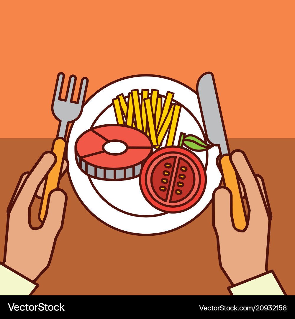 Hands hält Gabelmesser Fisch Tomaten Fritten Hands hält Gabelmesser Fisch Tomaten Fritten vektorbild