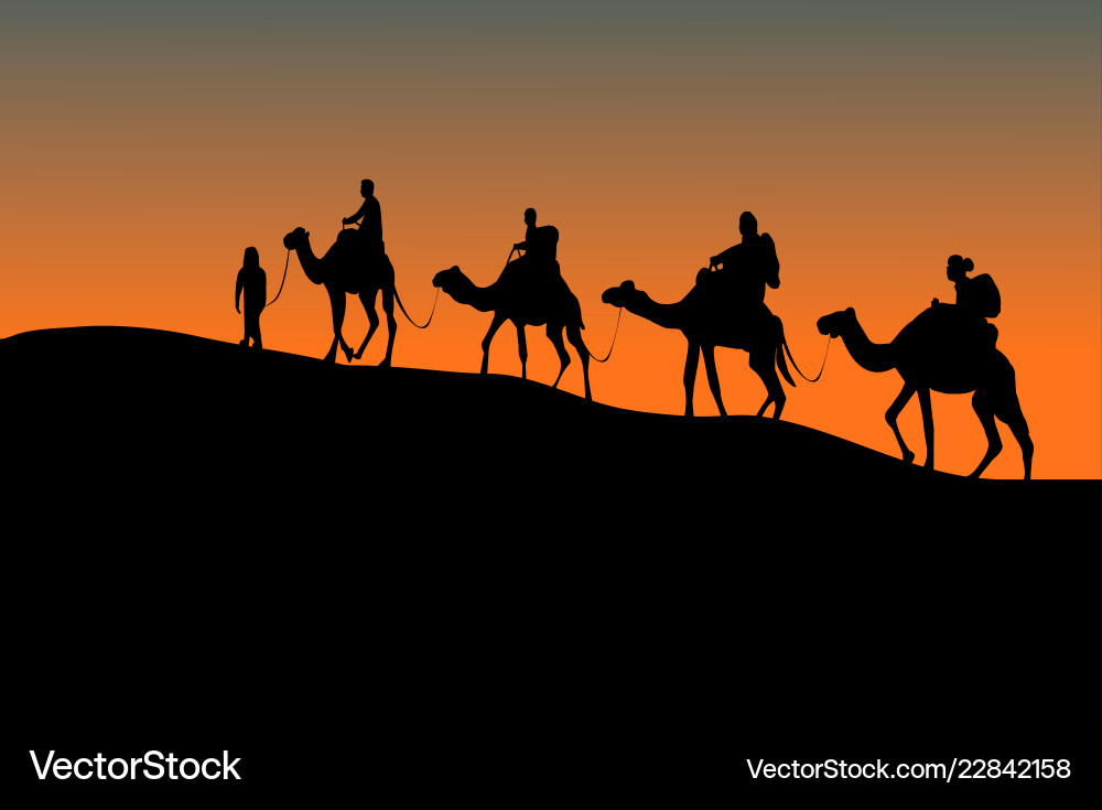 Silhouette of four camel riders up hill Silhouette of four camel riders up hill vector image