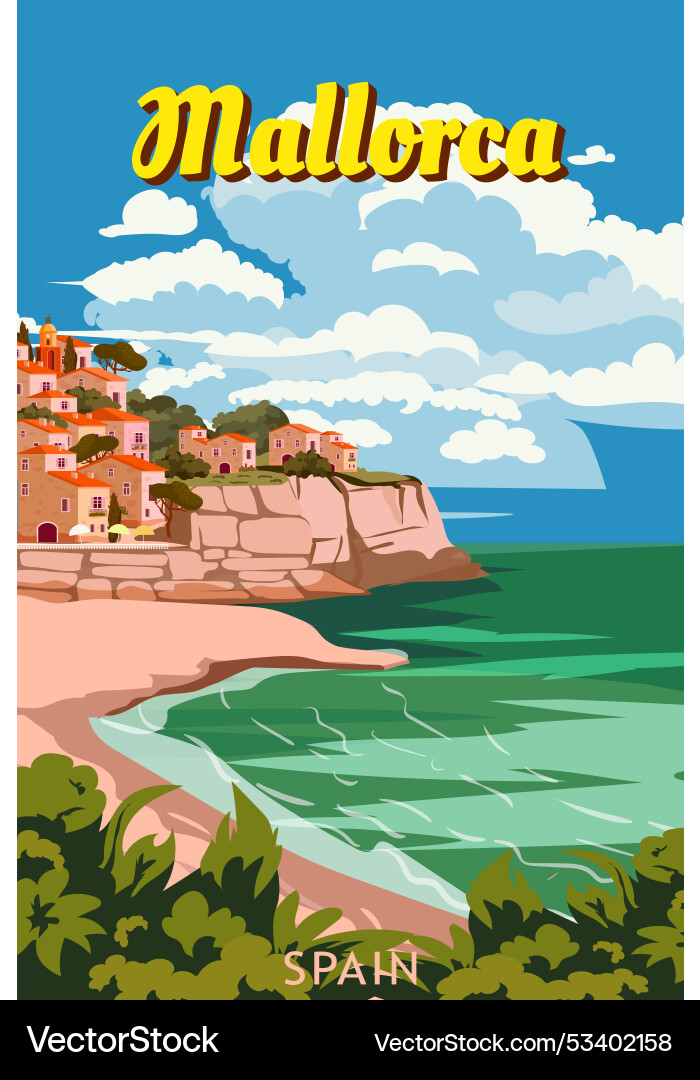 Vintage travel poster mallorca spain tropical Vintage travel poster mallorca spain tropical vector image
