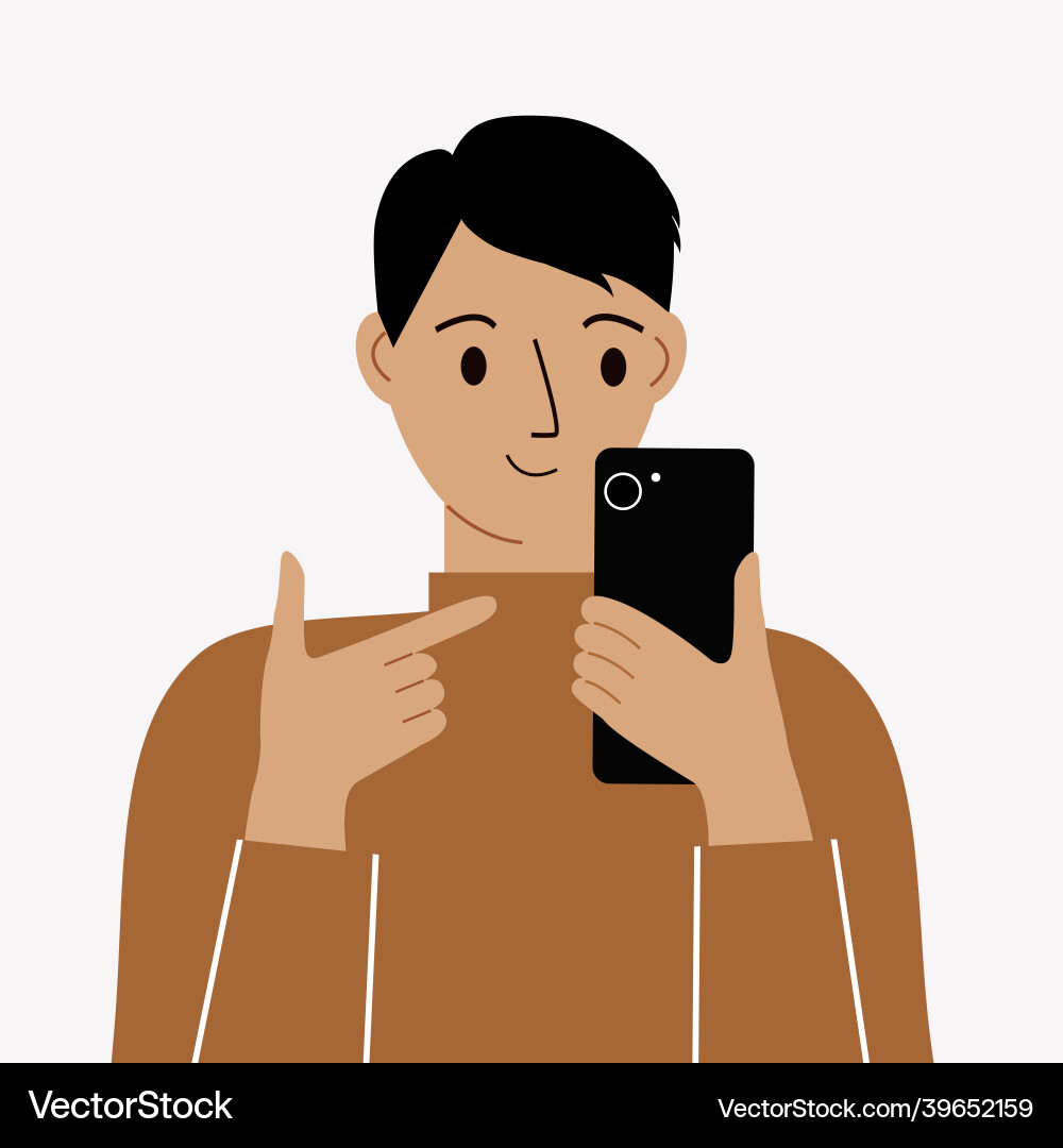 Joyful man with mobile phone front view points Vector Image