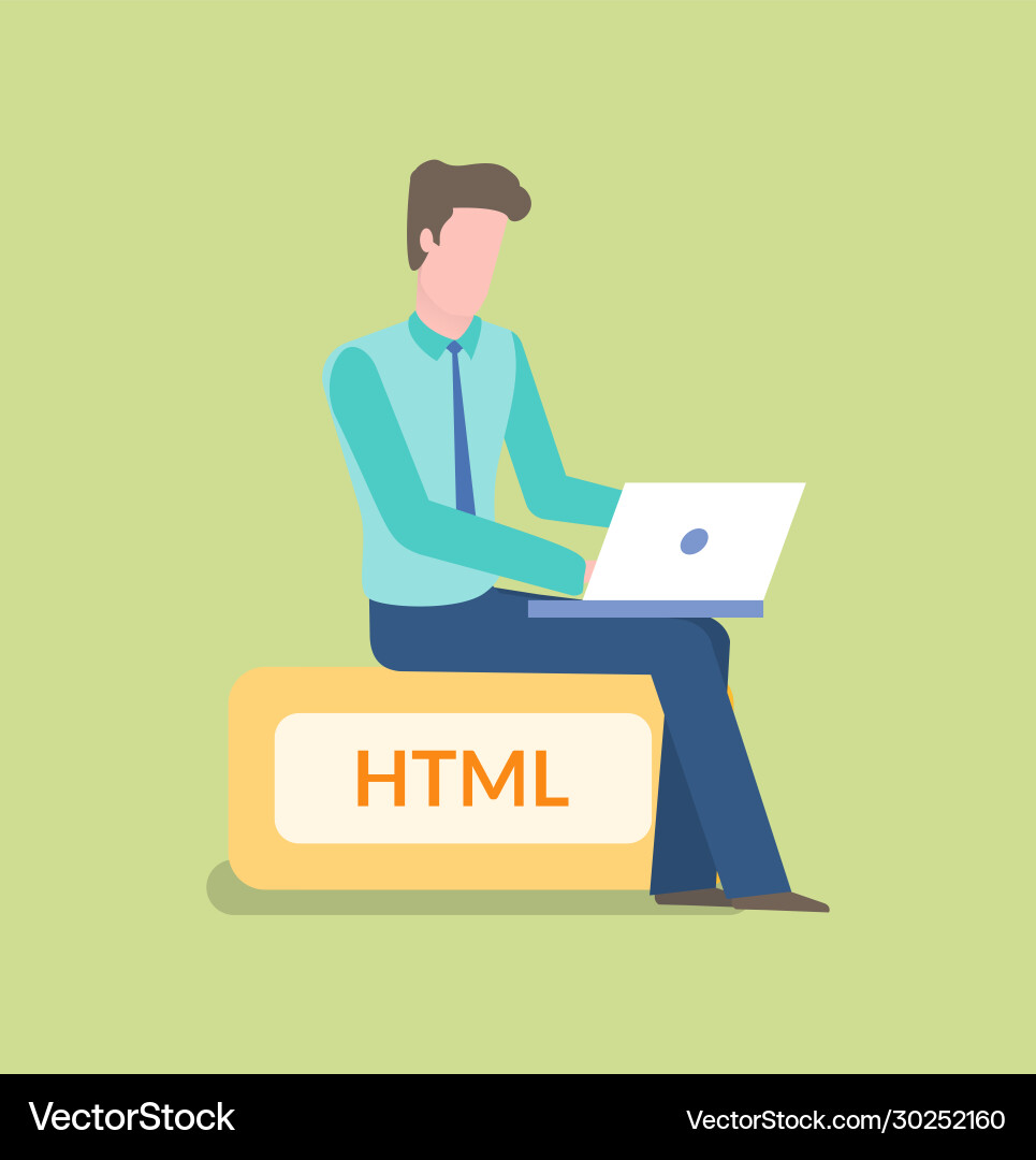 Programming male sitting on html sign working Programming male sitting on html sign working vector image