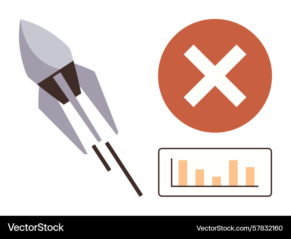 Rocket launch failure concept with red cross vector image