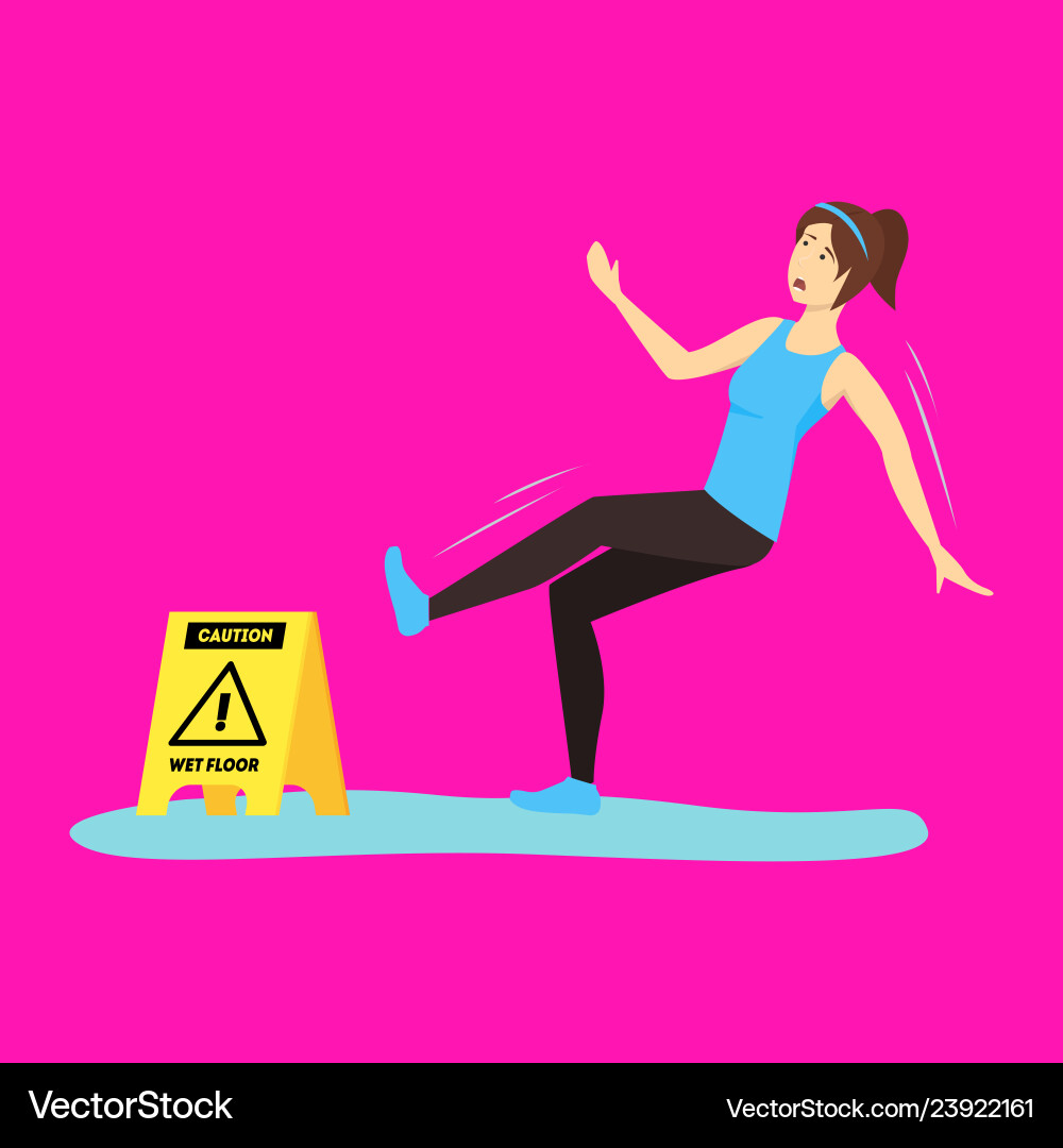 Cartoon caution wet floor with character girl Cartoon caution wet floor with character girl vector image