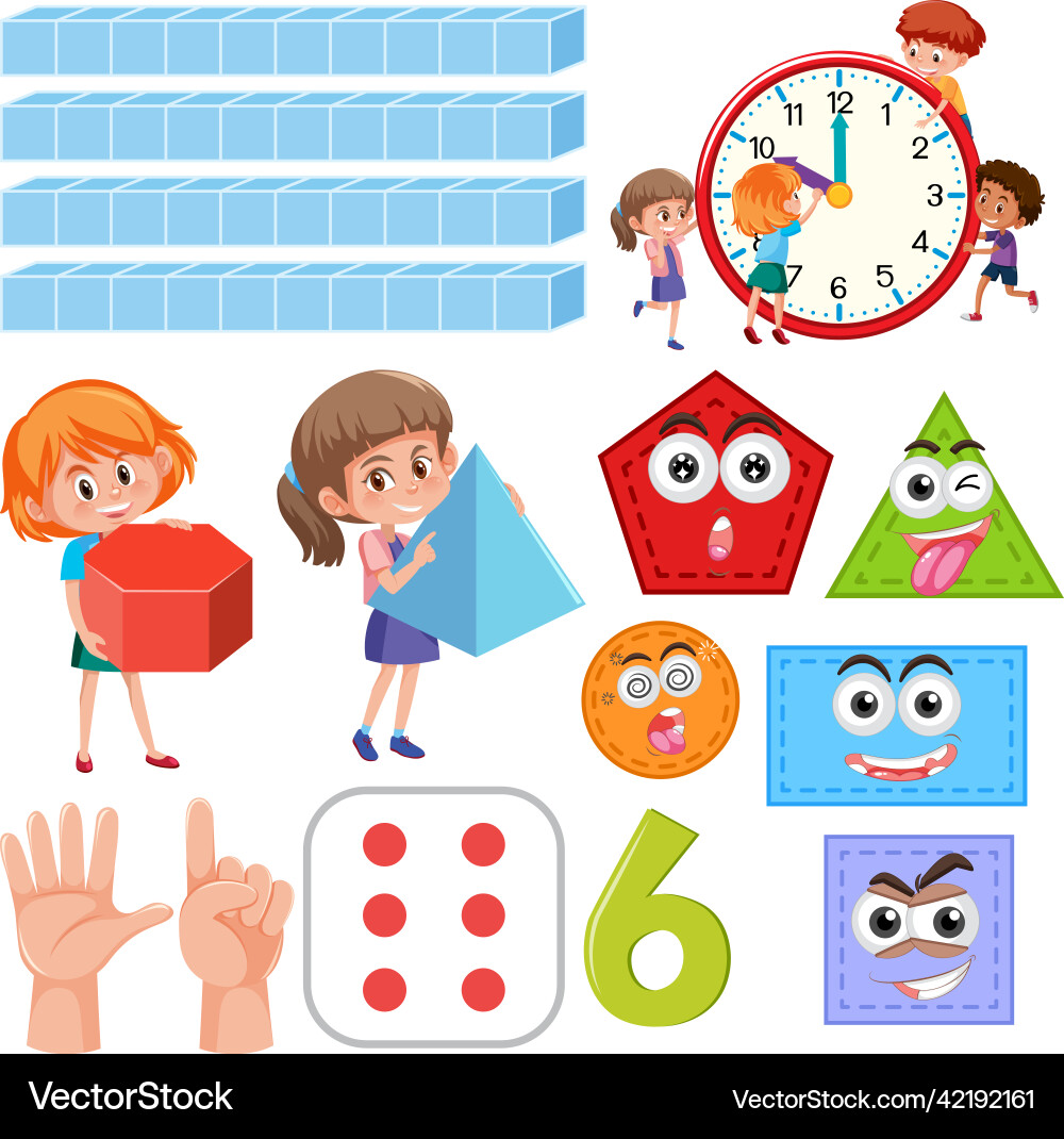Math classroom objects with supplies and students Math classroom objects with supplies and students Vector Image