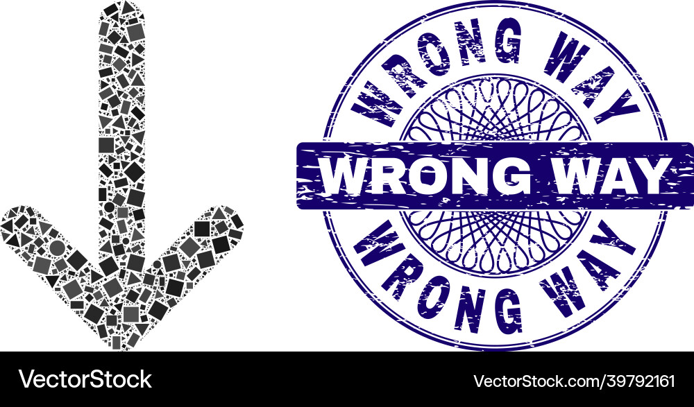 Scratched wrong way seal and geometric arrow down Scratched wrong way seal and geometric arrow down Vector Image