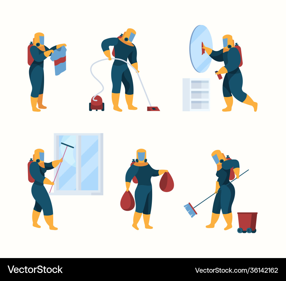 Sanitizing service safety cleaning workers Vector Image
