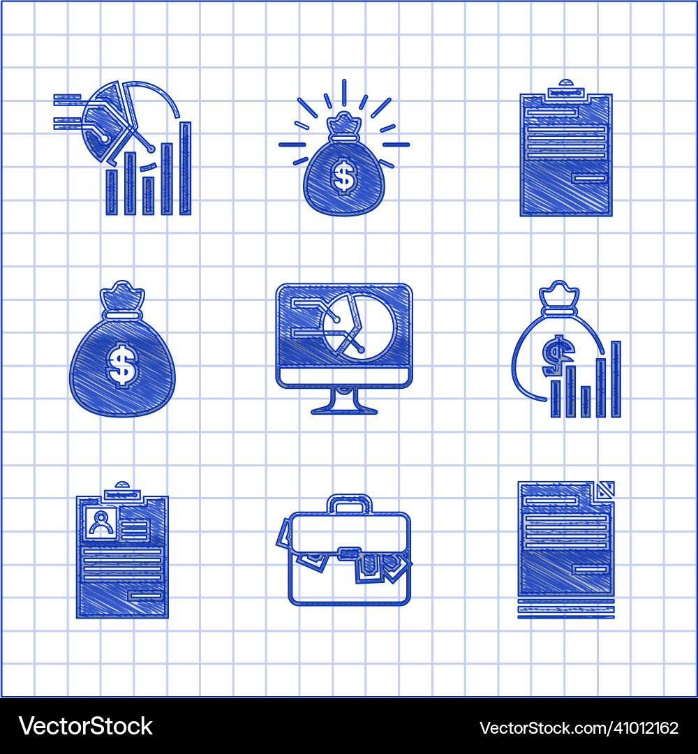 Set computer monitor with graph chart briefcase Set computer monitor with graph chart briefcase vector image