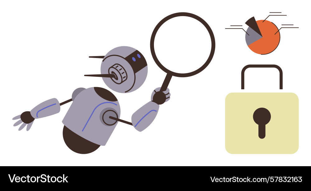 Robot investigating data with magnifying glass vector image