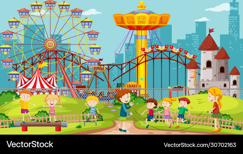 Themepark scene with many rides and happy children Themepark scene with many rides and happy children vector image