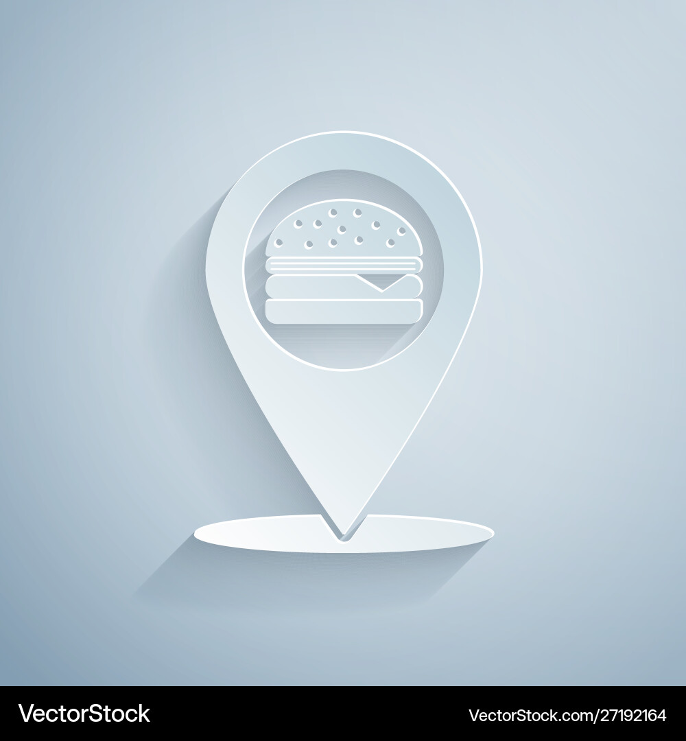Paper cut map pointer with fast food burger icon Vector Image