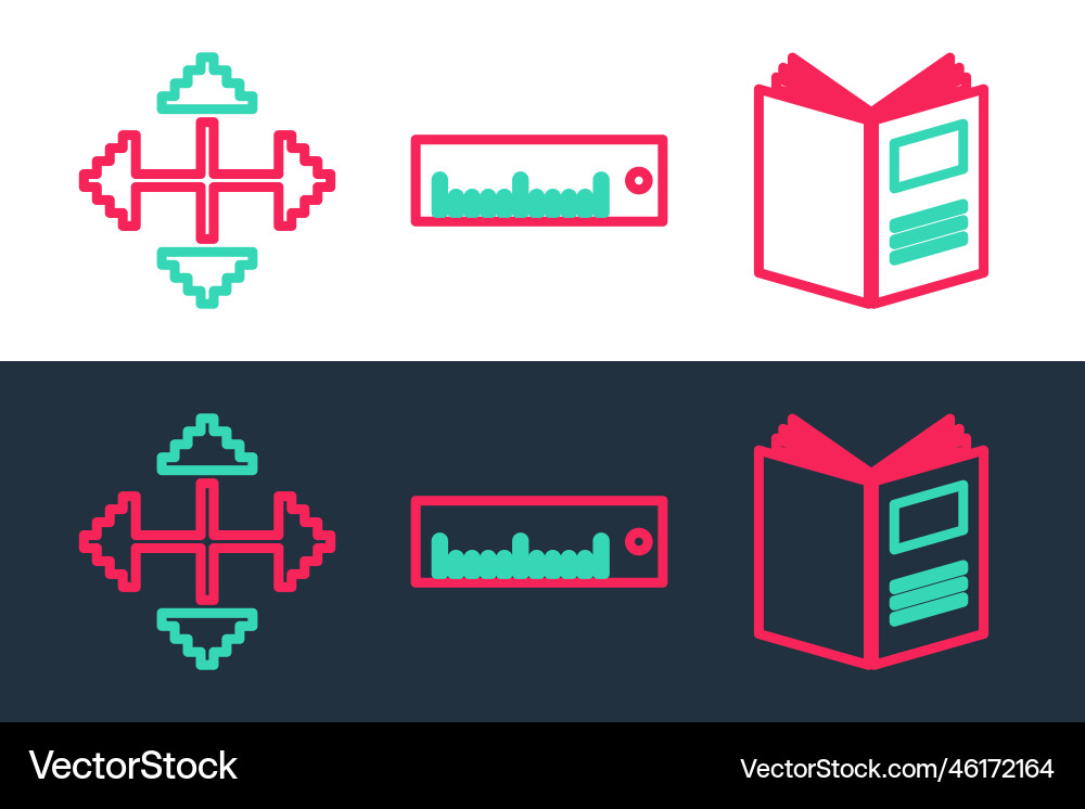 Set line open book pixel arrows in four Set line open book pixel arrows in four vector image