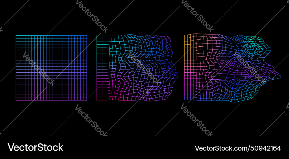 Set of distorted grid backgrounds in vaporwave vector image