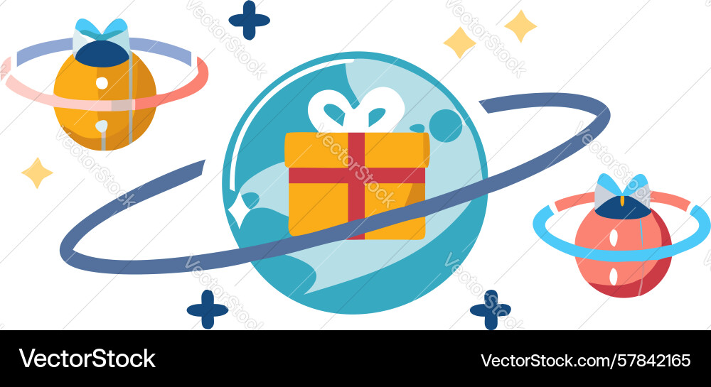 Gift box on planet with orbiting elements design Vector Image