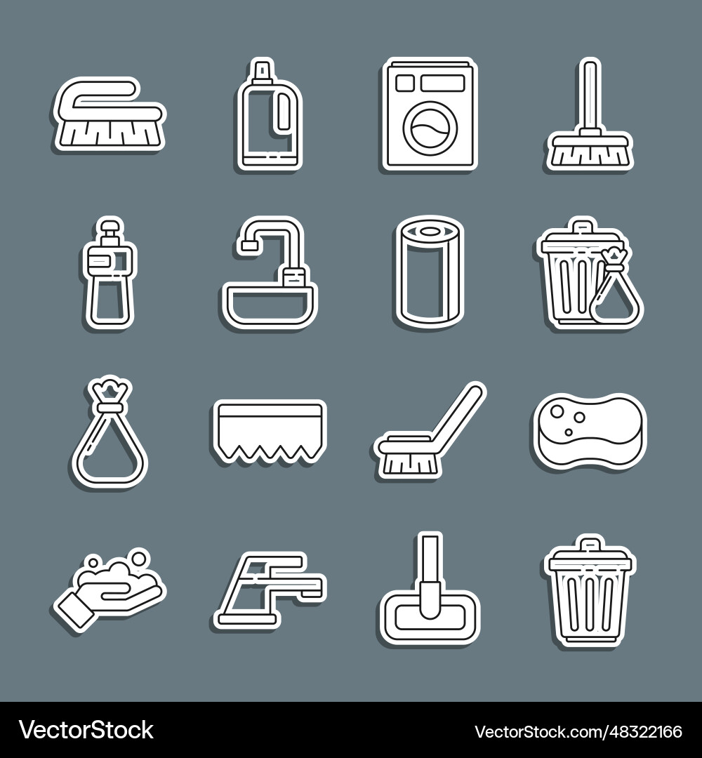 Set line trash can sponge and garbage bag washer Set line trash can sponge and garbage bag washer vector image
