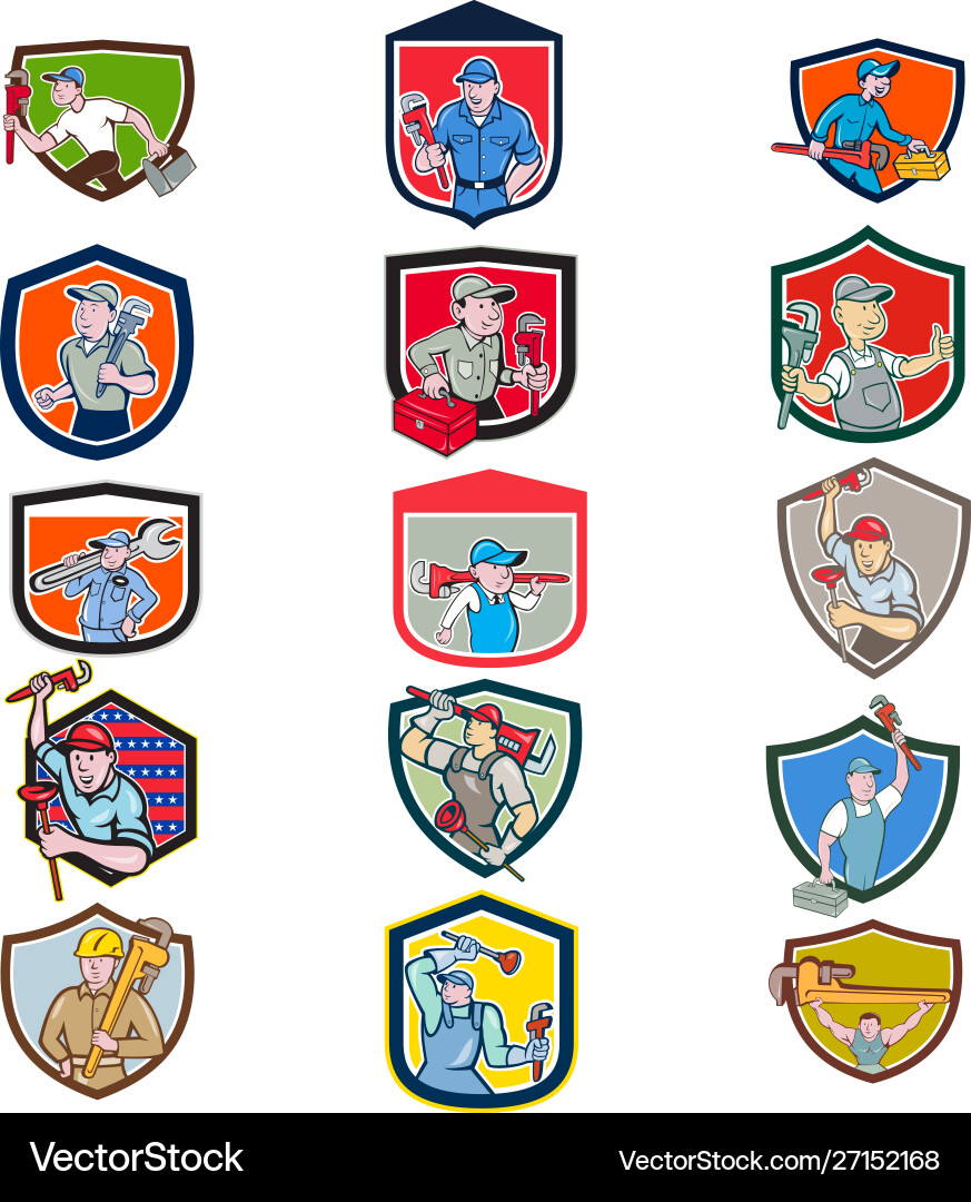 Plumber mascot crest cartoon set Plumber mascot crest cartoon set vector image