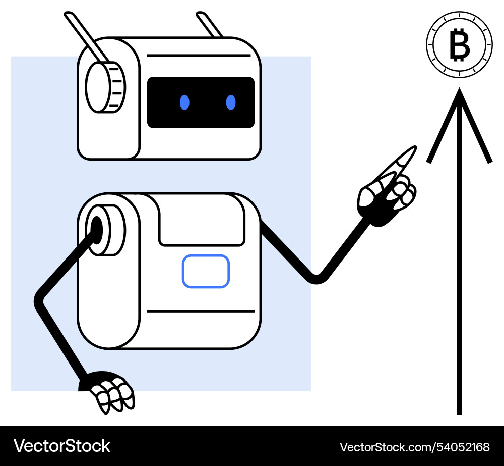 Robot pointing at bitcoin symbol indicating growth Robot pointing at bitcoin symbol indicating growth vector image
