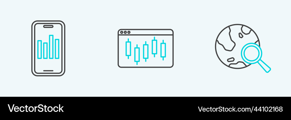 Set line search globe mobile with graph Set line search globe mobile with graph vector image