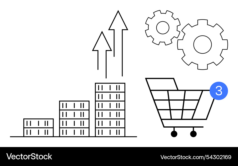 Growing bar graph with arrows gears and shopping Growing bar graph with arrows gears and shopping vector image