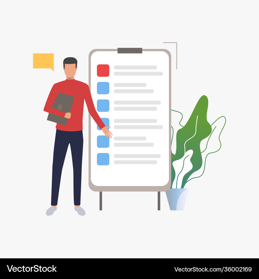 Man standing at flipchart with list vector image