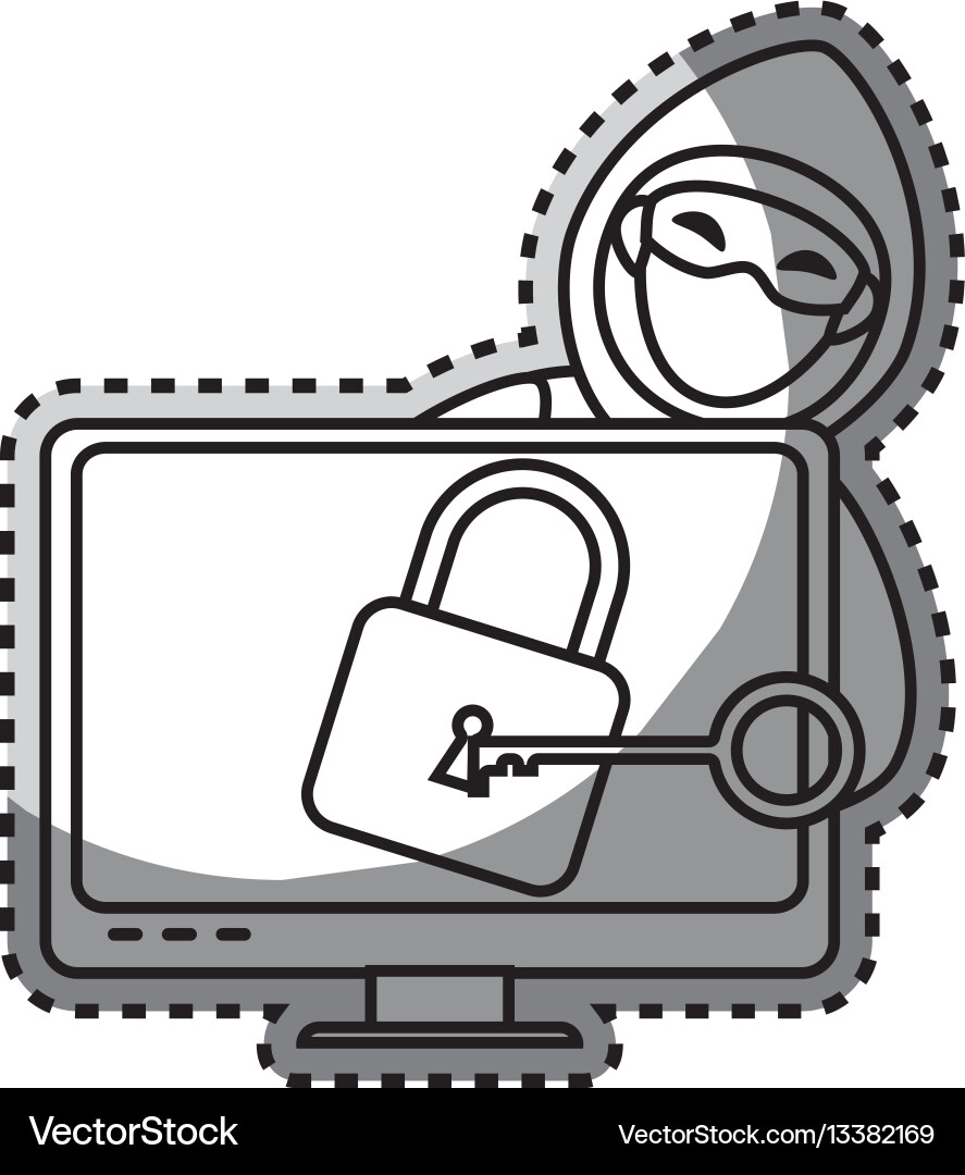 Monochrome contour sticker with hacker and lcd Vector Image